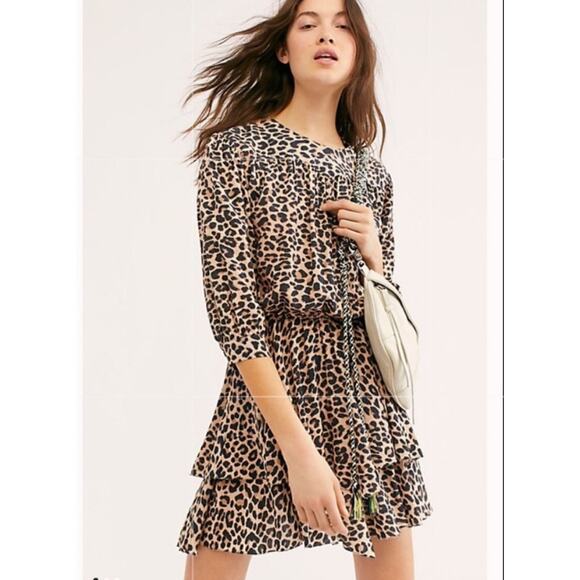ZADIG & VOLTAIRE Rooka Print Leopard Naturel Ruffle Hem 3/4 Sleeve Dress - Picture 1 of 11